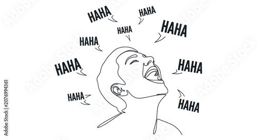 Man laughing out loud with 'HAHA' speech bubbles, line art, joy, humor, expressing emotion