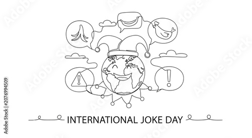 Happy Earth Globe Character Celebrating International Joke Day with Bananas and Exclamations