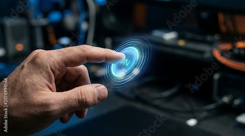Hand pressing a futuristic blue glowing digital power on button