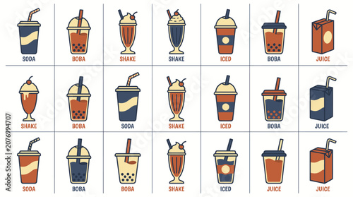 Collection of various colorful bubble tea drinks and milkshakes.