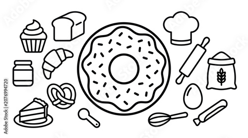 Schilderij op canvas Hand drawn bakery goods and baking equipment set.