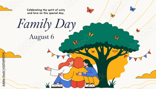 Family bonding under tree with colorful butterflies