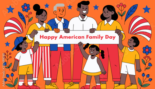 Diverse american family holding happy american family day sign