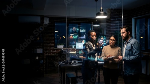 Diverse business team analyzing digital data on glass screen at night