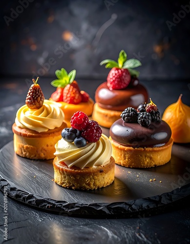 A plate of assorted miniature tarts with fruit toppings