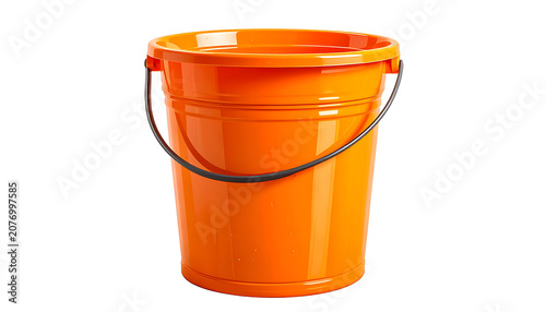 Bright Orange Plastic Bucket With Metal Handle On White Studio Background