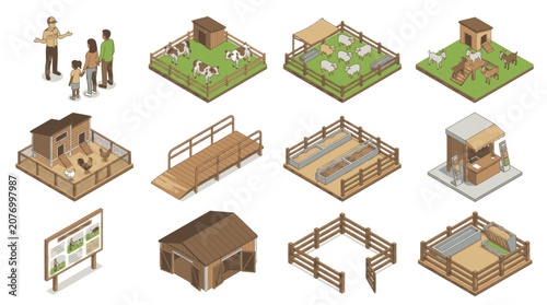 Foto Isometric farm elements including animals, buildings, and people in a stylized illustration