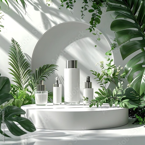 A serene display of white beauty products on a round pedestal surrounded by lush greenery and dappled sunlight