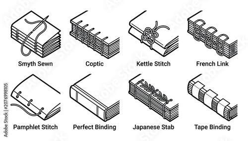 Eight distinct bookbinding stitch and binding method diagrams