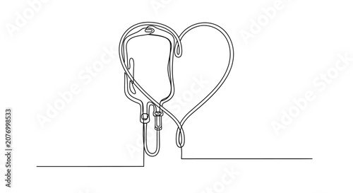 Fotografie Continuous Line Art: IV Bag Heart Symbolizing Health, Care, and Lifesaving Treat