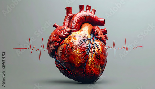 Anatomical Heart Model With Red ECG Wave Against Neutral Gray Background