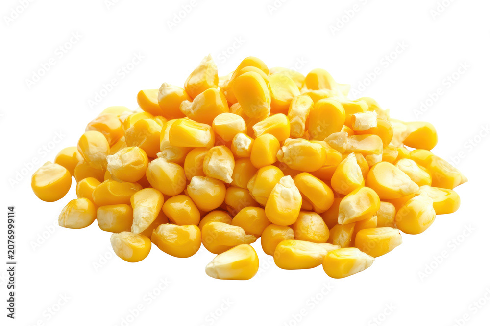 Fototapeta premium Pile of Bright Yellow Orange Dried Corn Kernels Isolated on Black Background, Png, Isolated on Transparent Background