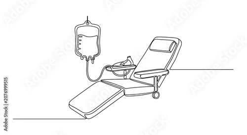 Foto Continuous line drawing of a blood donation chair and IV bag with saline solutio