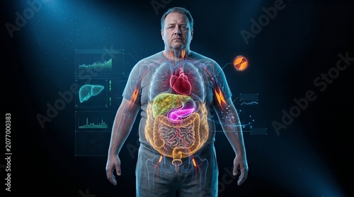 Digital visualization of a man's internal organs with health data overlays