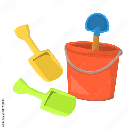 Kids beach sand toys, bucket and spade for children playing at the beach