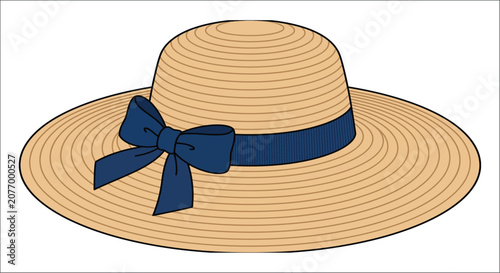 Slika na platnu Straw hat with navy ribbon a flat vector illustration on a white background sun