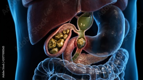 Gallstones blocking the gallbladder and bile duct in a human digestive system