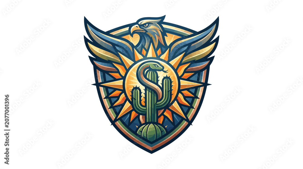 Obraz premium Eagle and Snake Crest Emblem with Cactus and Sun Design
