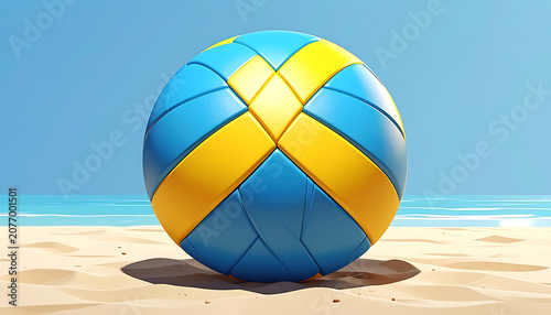 Blue And Yellow Beach Volleyball Ball Resting On Sunlit Sand By The Ocean