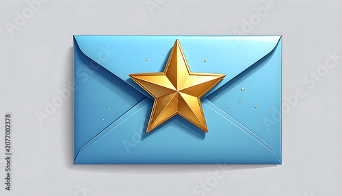 Blue Envelope With Golden Star Emblem On Light Gray Background, Mail Icon