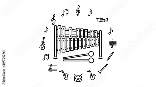 Musical instruments and notation line art icon collection.