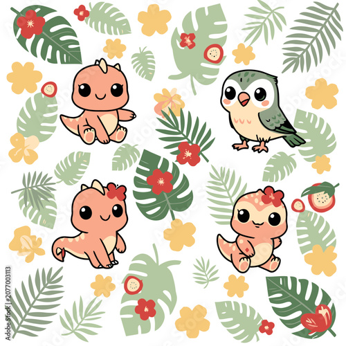 Cute Cartoon Dinosaurs and Bird in Tropical Pattern