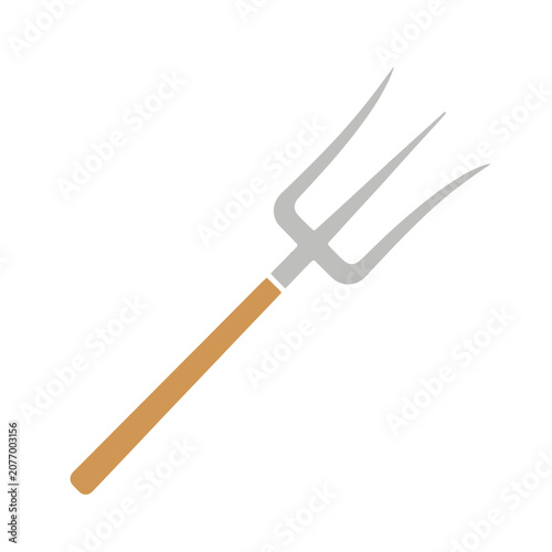 Flat icon of a garden fork with wooden handle