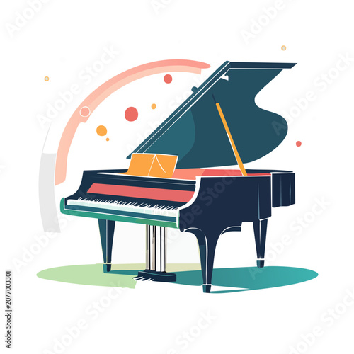 Flat vector illustration of a grand piano with colorful details