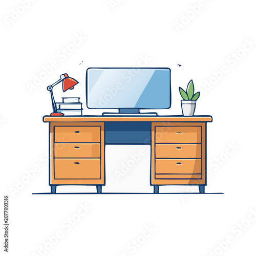 Flat vector illustration of an office desk with computer and