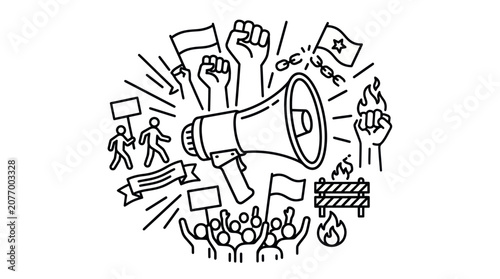 Fotografie Social protest scene with megaphone and raised fist icons.