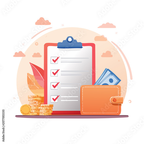 Flat vector illustration of clipboard with checklist, wallet, and