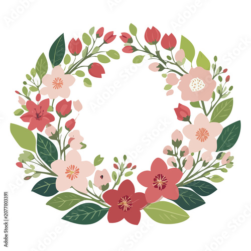 Floral wreath with pink and red flowers and green leaves