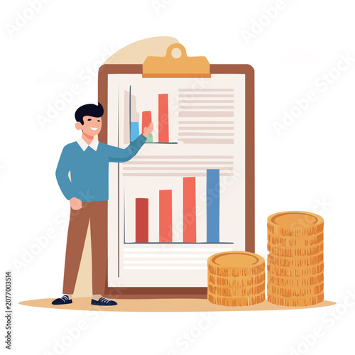 Businessman presenting financial charts and gold coins