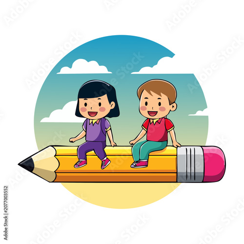 Cartoon children sitting on a giant pencil with sky background