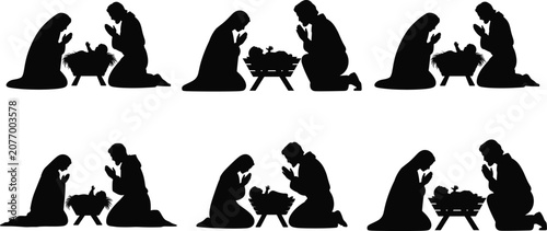 Obraz na płótnie Set of black silhouettes showing holy nativity scene with baby Jesus