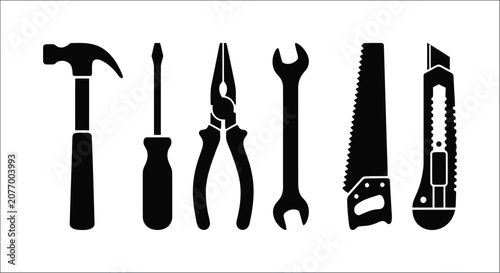 Tableau sur toile Tool silhouettes on a white background a collection of construction and repair i