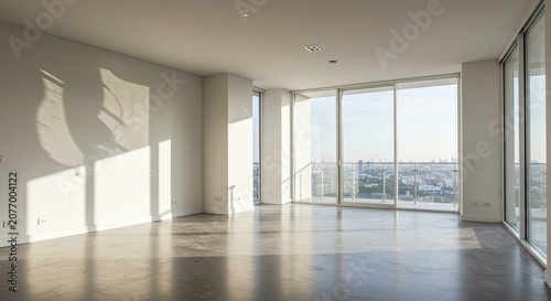 Modern empty interior with large windows and sunlight for design concept