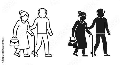 Photos Elderly couple walking with cane black and white vector illustration aged people