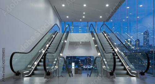 Modern escalators in a contemporary building with large windows