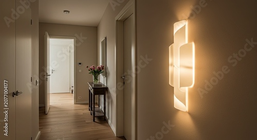 Modern hallway interior with ambient lighting design and minimalist style
