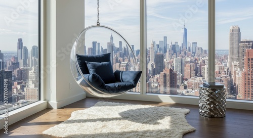 Modern hanging chair by window with cityscape view for relaxation