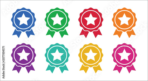 Schilderij op canvas Colorful star shaped award icons with ribbons flat vector illustration on a whit