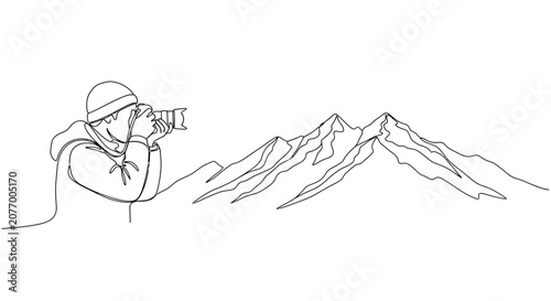 Canvastavla Outdoors photographer captures mountain landscape with camera, minimalist line art style