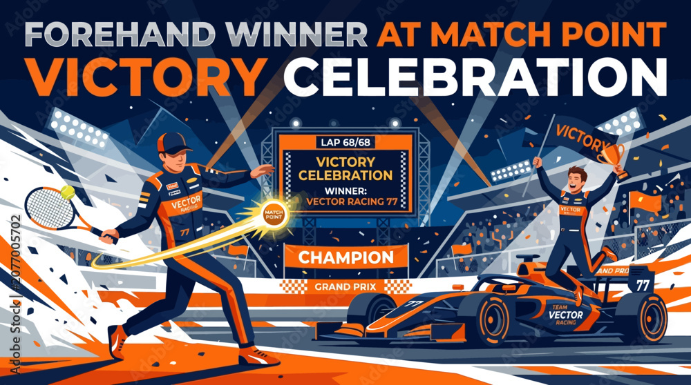 Obraz premium Tennis Champion Celebrates Match Point Victory Over Racing Grand Prix Background