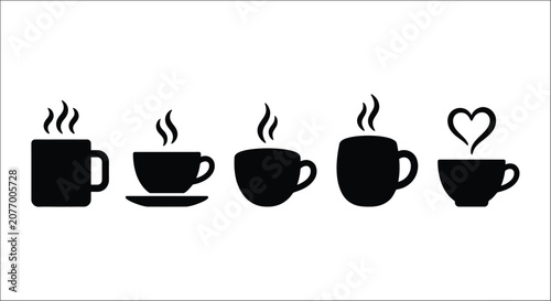 Tableau sur toile Black silhouette cups of coffee with steam arranged in a row on a white backgrou