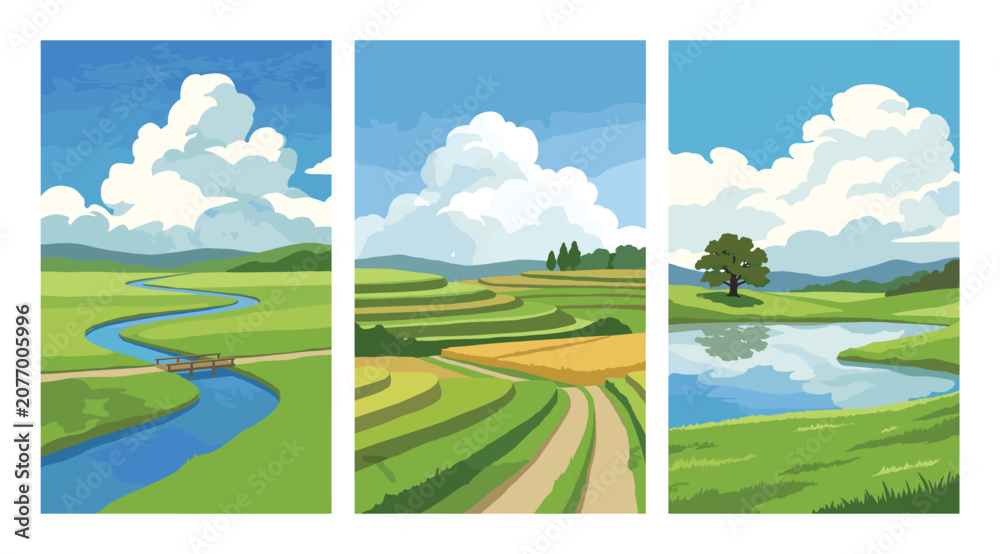Fototapeta premium Vector poster set of landscape triptych with green fields, river, terraces, and lake