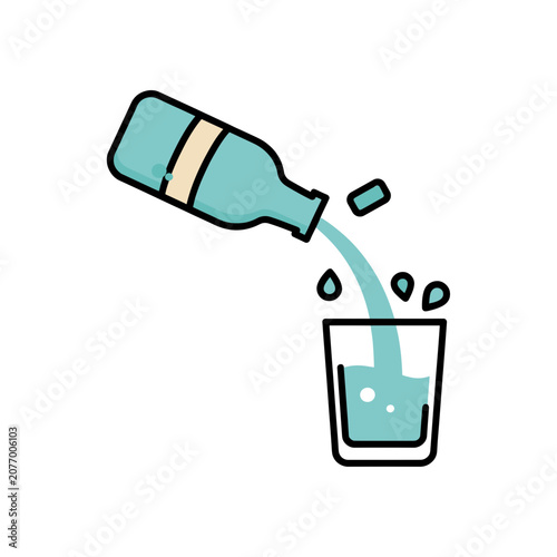 Flat illustration of water bottle pouring into glass