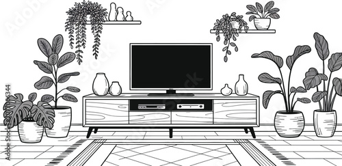 Cuadro en lienzo Modern living room, TV stand with plants, black and white illustration, vector i