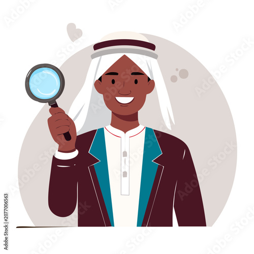 Smiling man in traditional clothing holding a magnifying glass