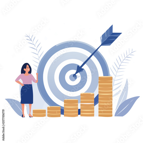 Business target with coins and woman illustration
